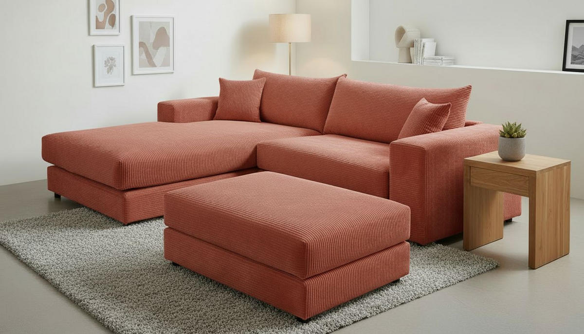 ECKSOFA  Cord, Velours Terracotta  - Terracotta/Schwarz, Basics, Kunststoff/Textil (180/265cm) - Livetastic