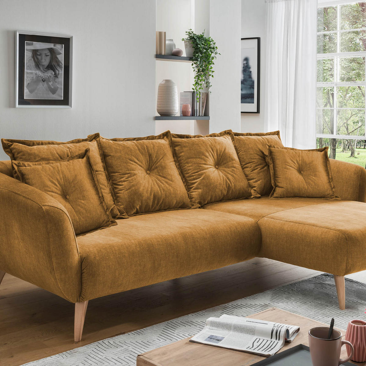 ECKSOFA in Velours Gelb  - Gelb/Schwarz, Modern, Holz/Textil (277/162cm) - Livetastic