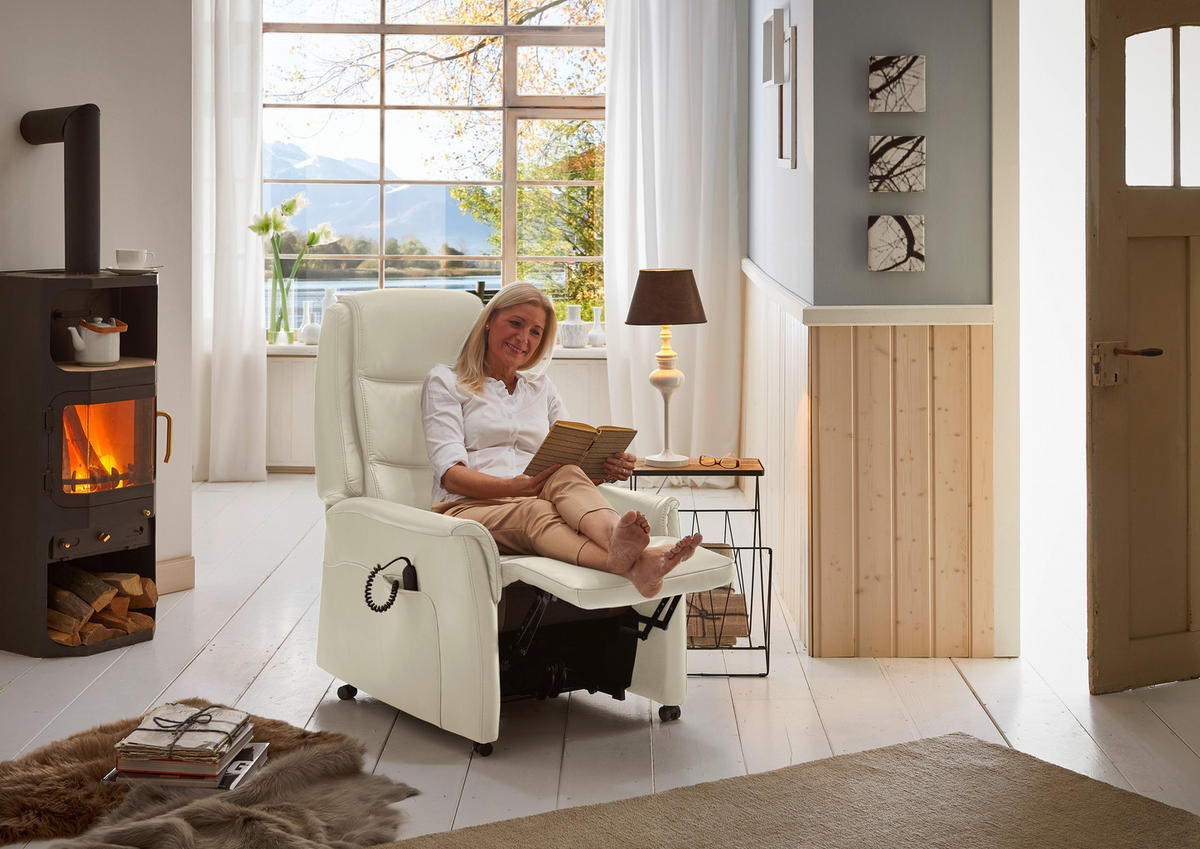 FERNSEHSESSEL Valdera  mit Relaxfunktion, Aufstehhilfe, Rücken echt Echtleder Ecru  - Ecru/Schwarz, KONVENTIONELL, Leder/Kunststoff (70/107/88cm) - Livetastic