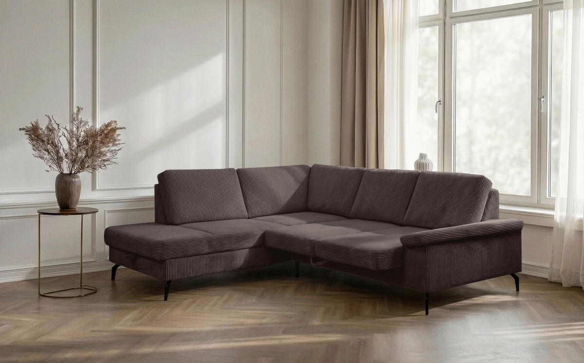 ECKSOFA Dunkelbraun Velours Bettkasten, Sitzvorzug  - Dunkelbraun/Schwarz, KONVENTIONELL, Textil/Metall (206/253cm) - Venda