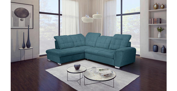 ECKSOFA Blau Chenille Bettkasten, Schlaffunktion, Rücken echt, Kopfteilverstellung, Liegefläche im Originalstoff  - Chromfarben/Blau, KONVENTIONELL, Kunststoff/Textil (205/260cm) - Carryhome