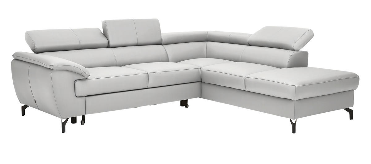 ECKSOFA in Echtleder Hellgrau  - Hellgrau/Schwarz, Design, Leder/Metall (256/220cm) - Celina Home