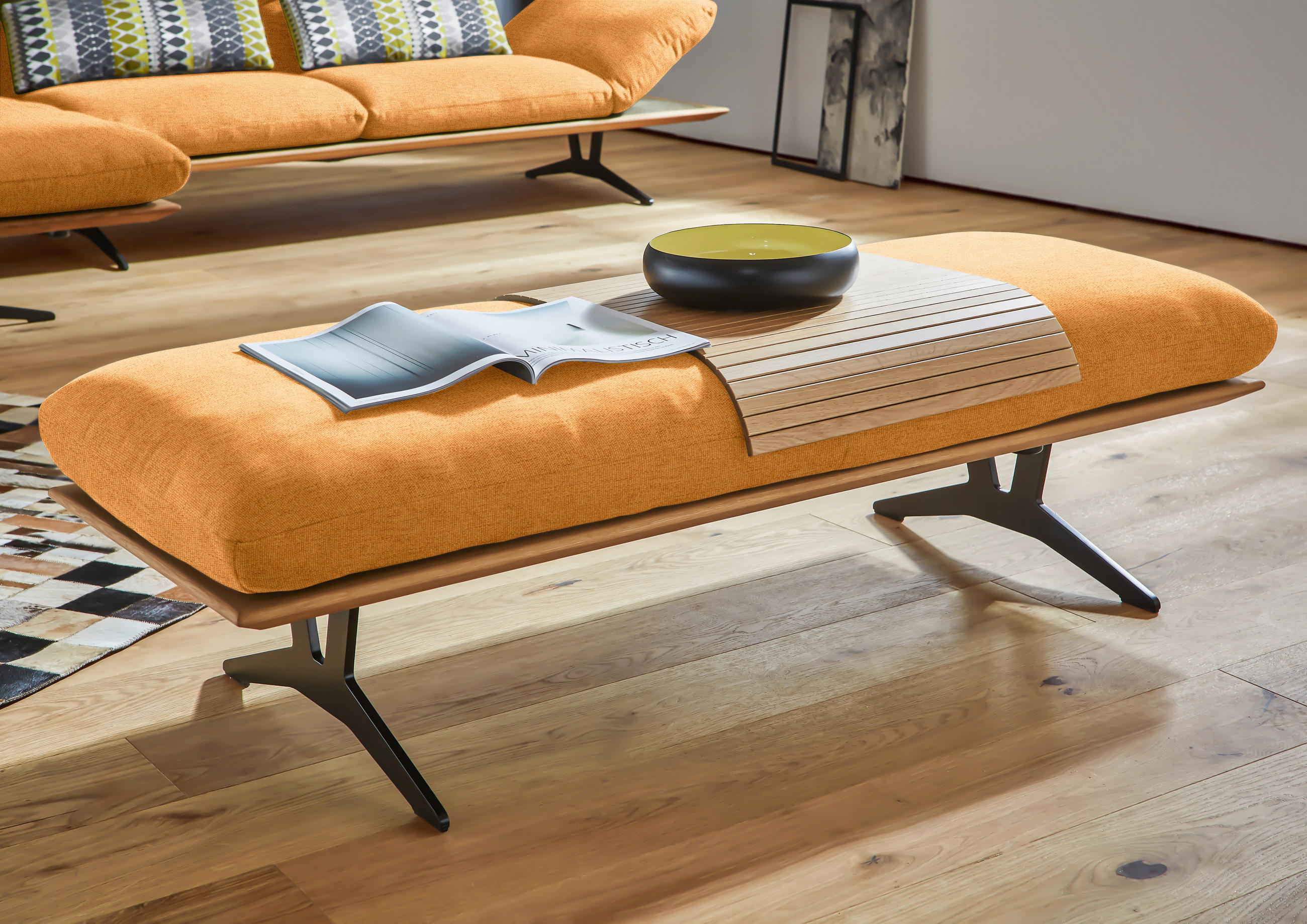 HOCKERBANK in Holz, Textil Currygelb  - Currygelb/Schwarz, Design, Holz/Textil (150/43/60cm) - Dieter Knoll