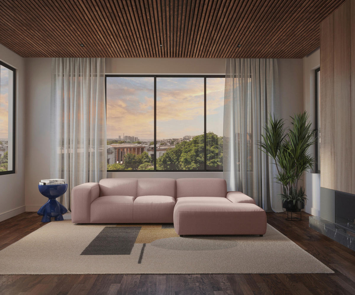 ECKSOFA in Cord Rosa  - Schwarz/Rosa, Design, Kunststoff/Textil (304/200cm) - MID.YOU