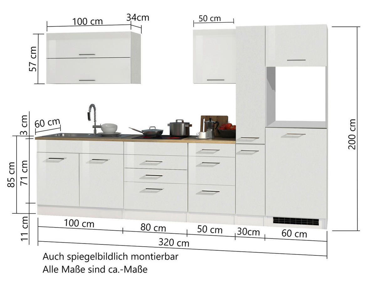 KÜCHENLEERBLOCK 320 cm   in Weiß Hochglanz  - Weiß Hochglanz/Silberfarben, MODERN, Holzwerkstoff/Metall (320cm) - Held