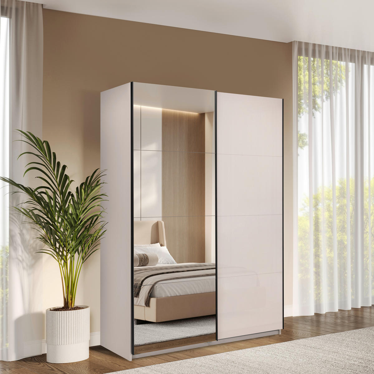 SCHIEBETÜRENSCHRANK 150/210/62 cm 2-türig Kaschmir  - Kaschmir/Schwarz, MODERN, Holzwerkstoff/Metall (150/210/62cm) - MID.YOU