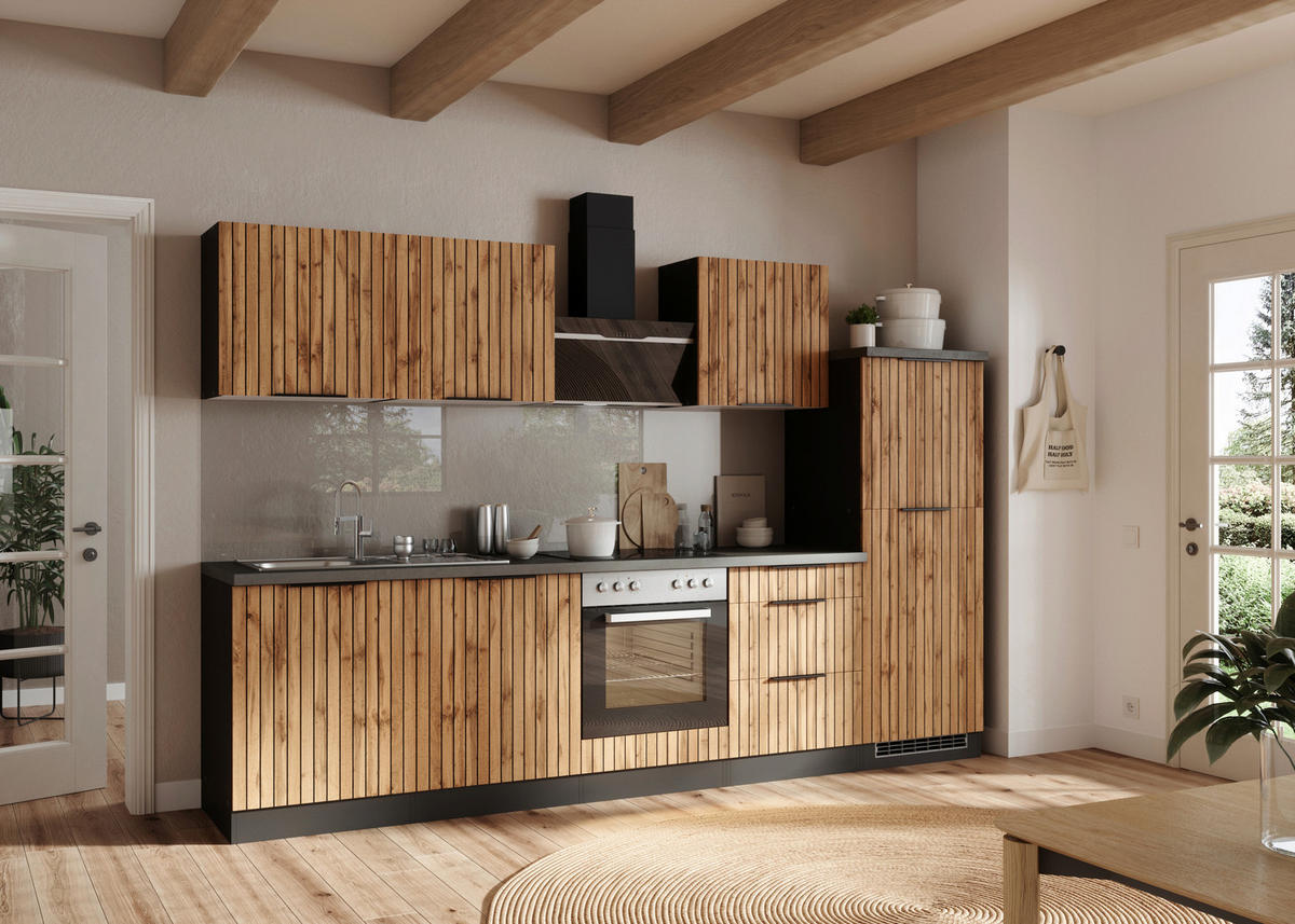 MODULKÖK UTAN VITVAROR 300 cm   i grafitfärgad, ek Wotan  - ek Wotan/grafitfärgad, Basics, metall/trämaterial (300cm) - Held