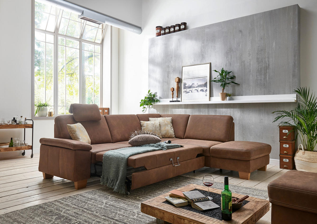 ECKSOFA in Echtleder Braun  235/274 cm  - Eichefarben/Beige, KONVENTIONELL, Leder/Holzwerkstoff (235/274cm) - Beldomo Premium