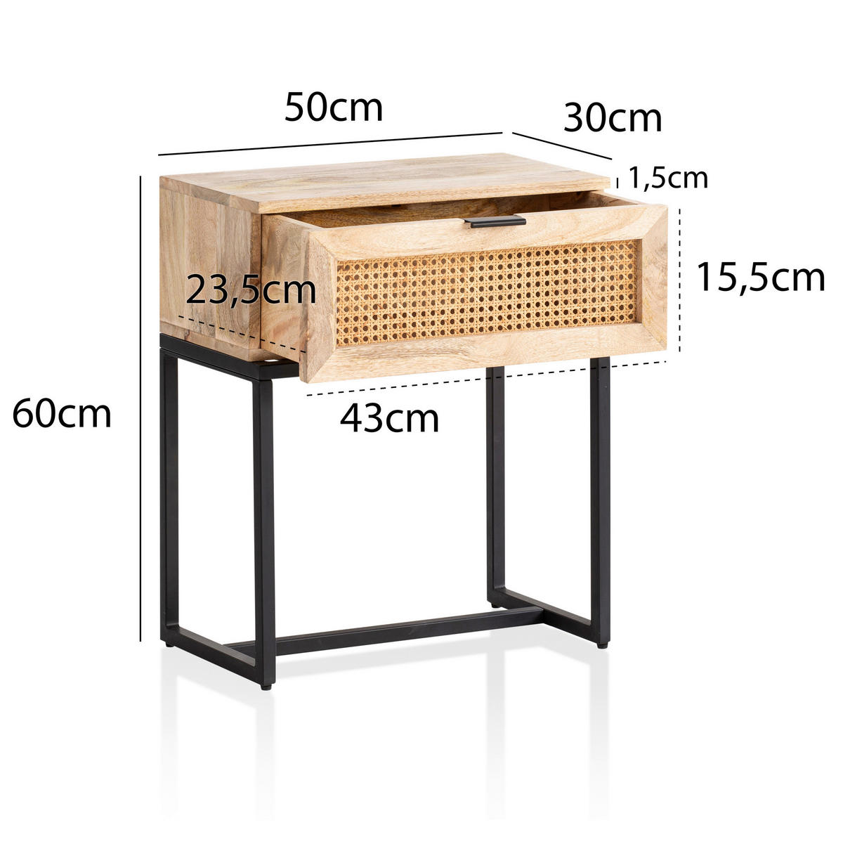NOČNÝ STOLÍK, mangové drevo, prírodná farba, 50/60/30 cm - čierna/prírodná farba, Lifestyle, kov/drevo (50/60/30cm) - MID.YOU