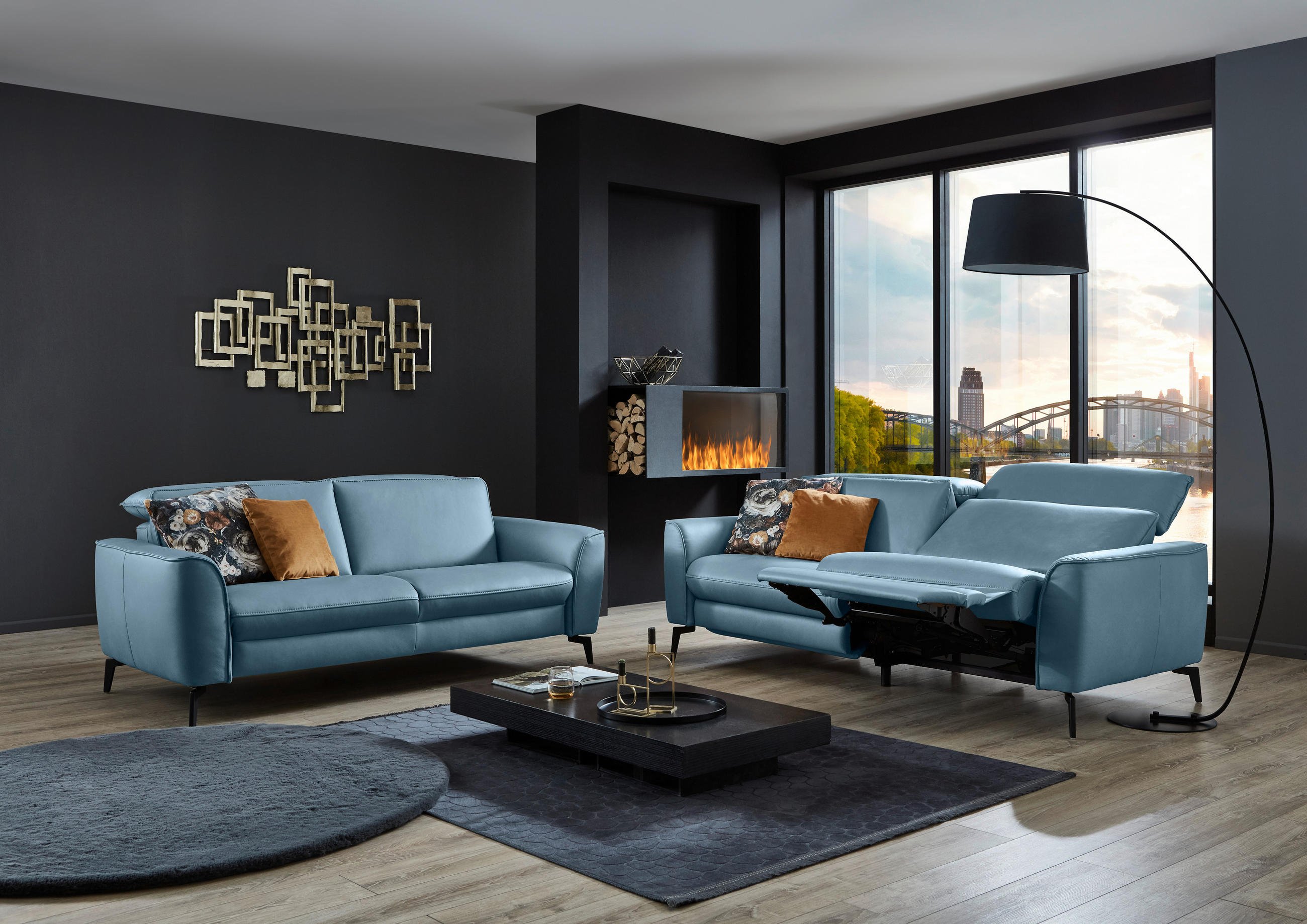 3-SITZER-SOFA in Echtleder Hellblau  - Schwarz/Hellblau, Natur, Leder/Metall (222/81/110cm) - Valdera