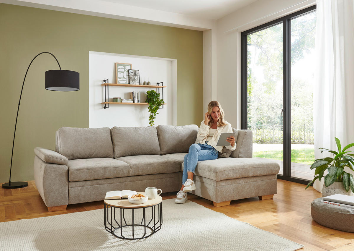 ECKSCHLAFSOFA  in Chenille Hellbraun  - Hellbraun/Eiche Bianco, KONVENTIONELL, Holz/Textil (253/170cm) - Beldomo Style