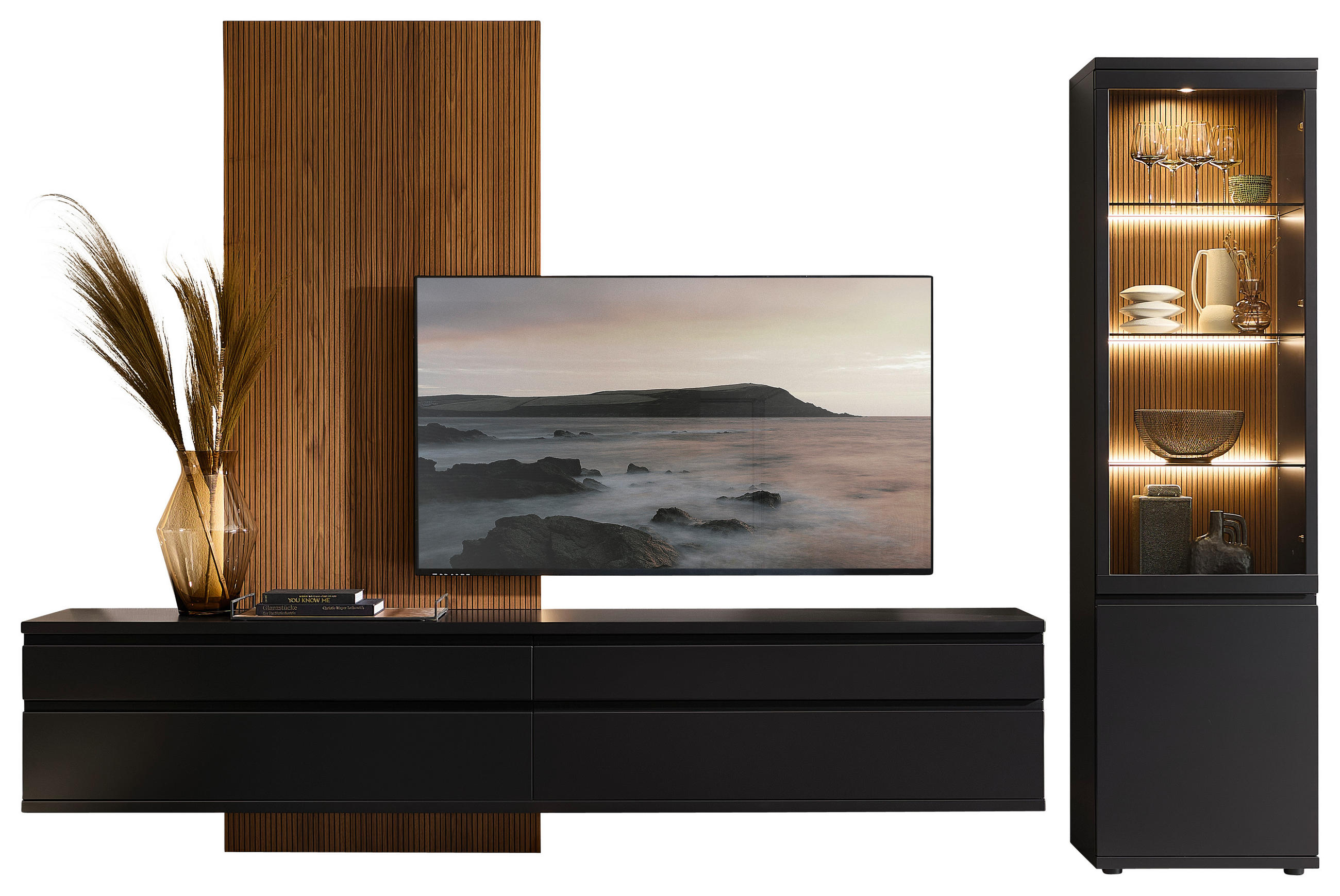 WOHNWAND  Schwarz, Nussbaumfarben 345/237/49 cm  - Nussbaumfarben/Schwarz, Design, Glas/Holz (345/237/49cm) - Invivus