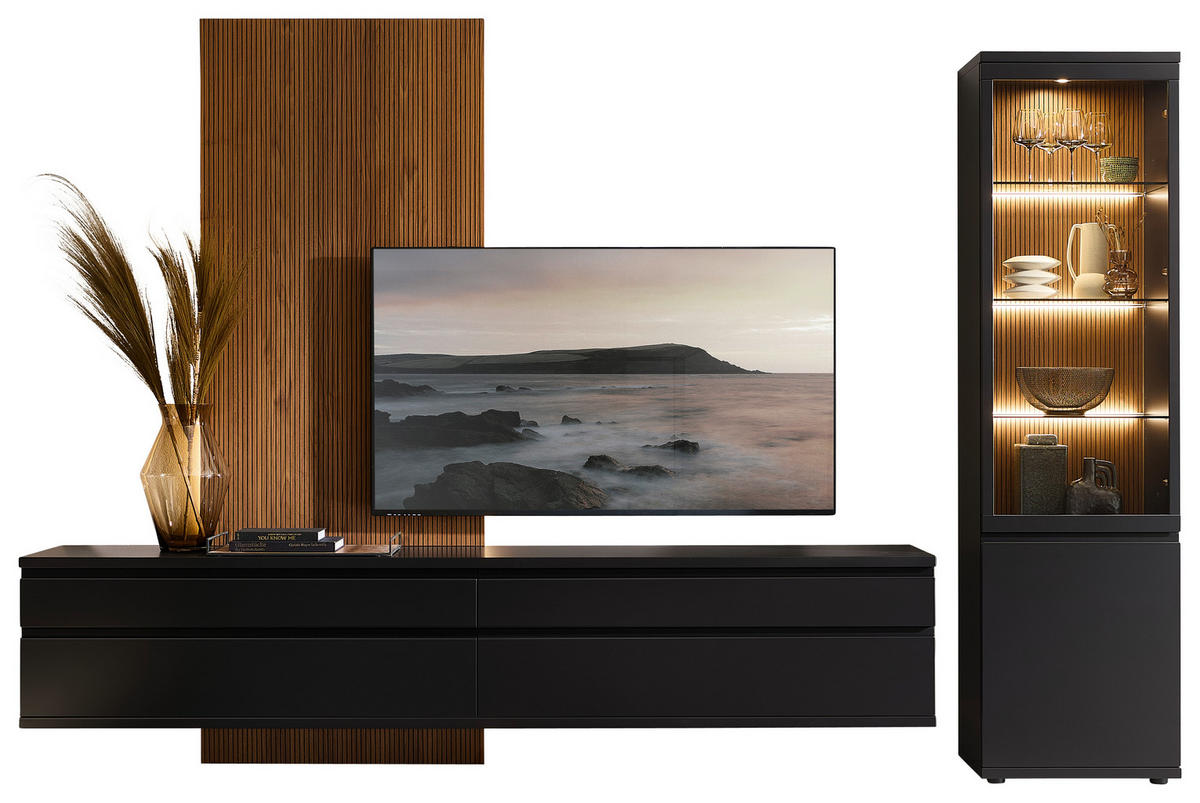 WOHNWAND  Schwarz, Nussbaumfarben 345/237/49 cm  - Nussbaumfarben/Schwarz, Design, Glas/Holz (345/237/49cm) - Invivus