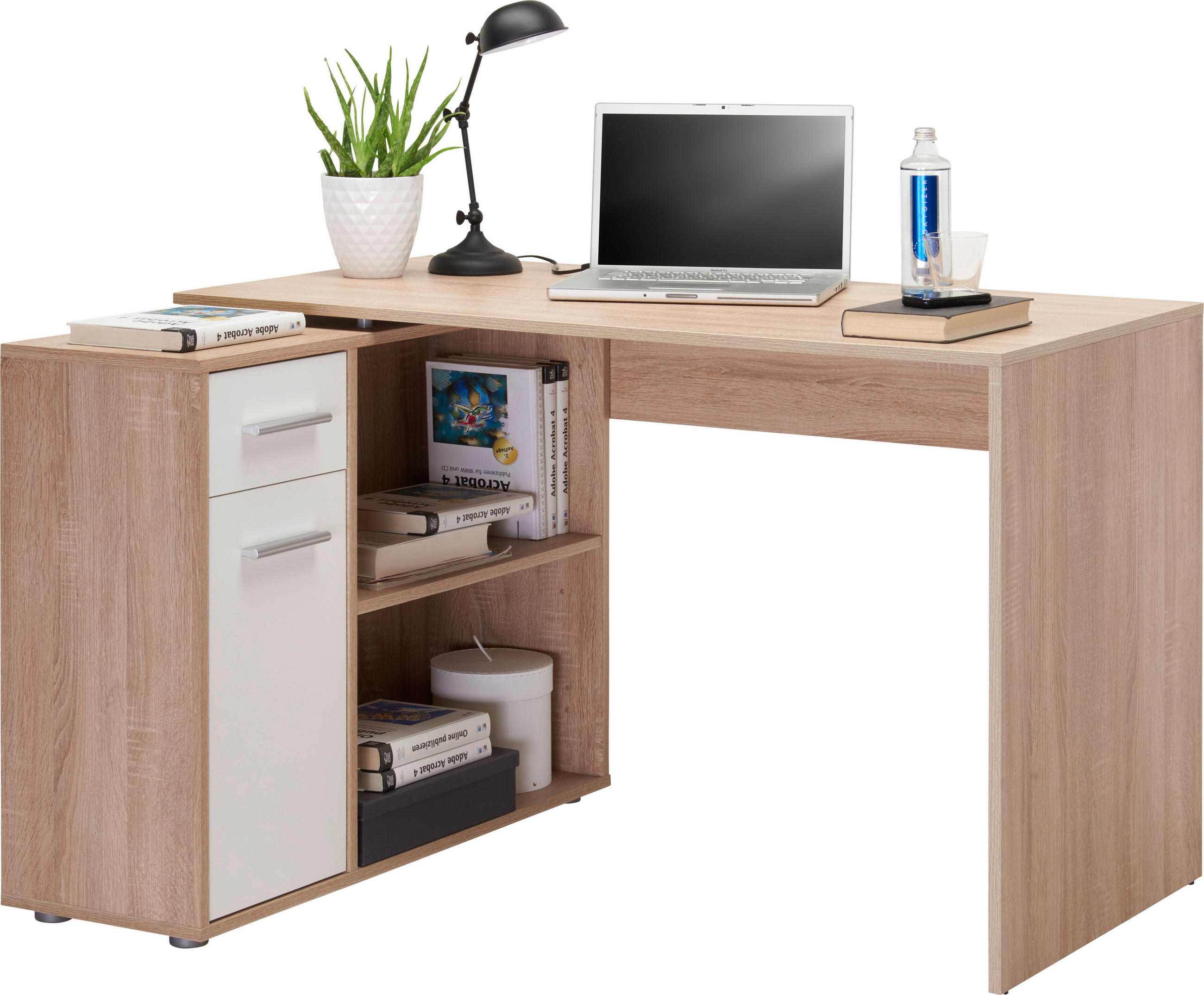 ECKSCHREIBTISCH 90/120/75 cm  in Weiß, Eichefarben  - Eichefarben/Silberfarben, KONVENTIONELL, Holzwerkstoff/Kunststoff (90/120/75cm) - Hom`in