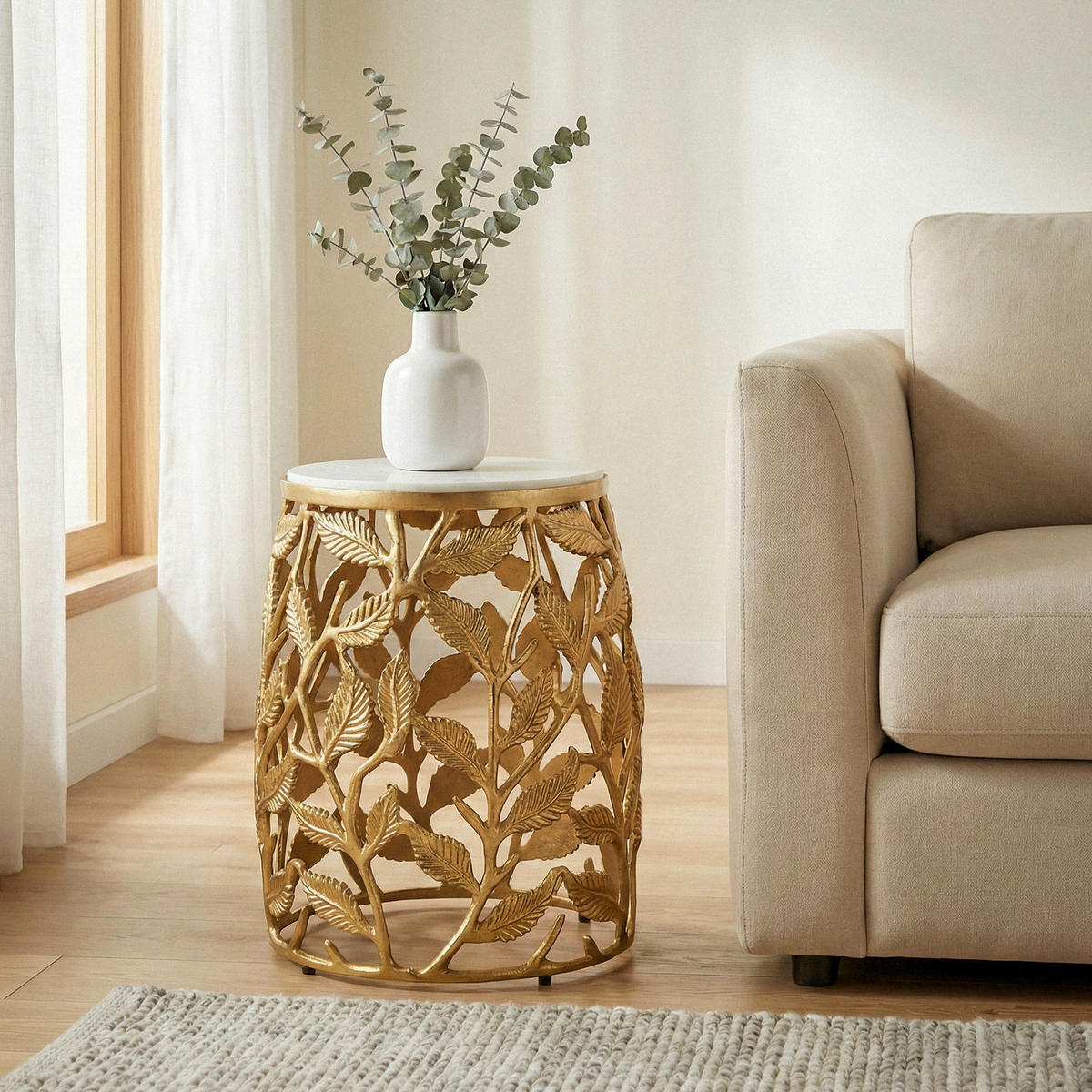 ODKLÁDACÍ STOLEK, bílá, barvy zlata, kámen, 40/40/46 cm - bílá/barvy zlata, Design, kov/kámen (40/40/46cm) - MID.YOU