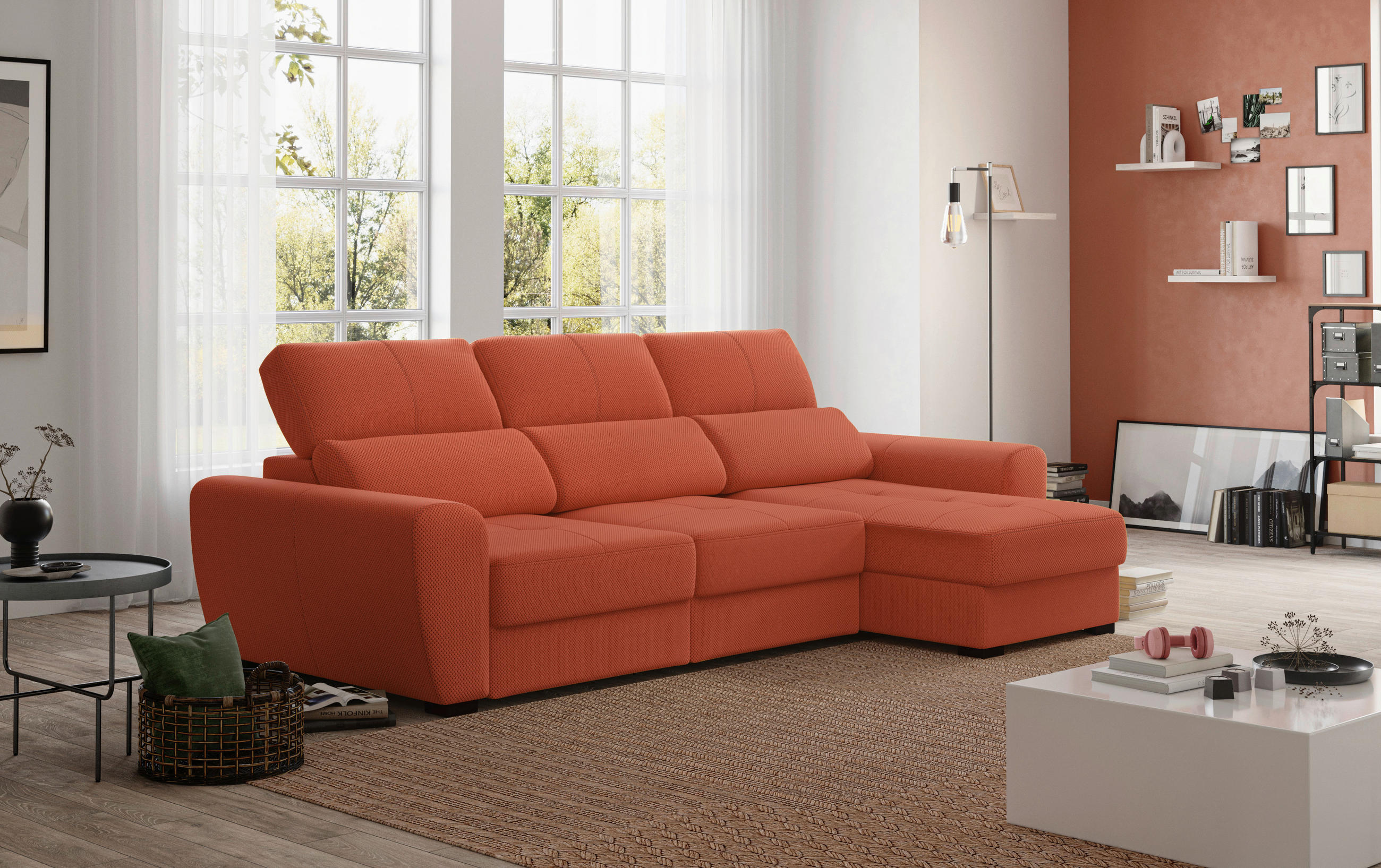 ECKSOFA in Velours Terracotta  - Terracotta/Schwarz, Konventionell, Kunststoff/Textil (285/177cm) - MID.YOU