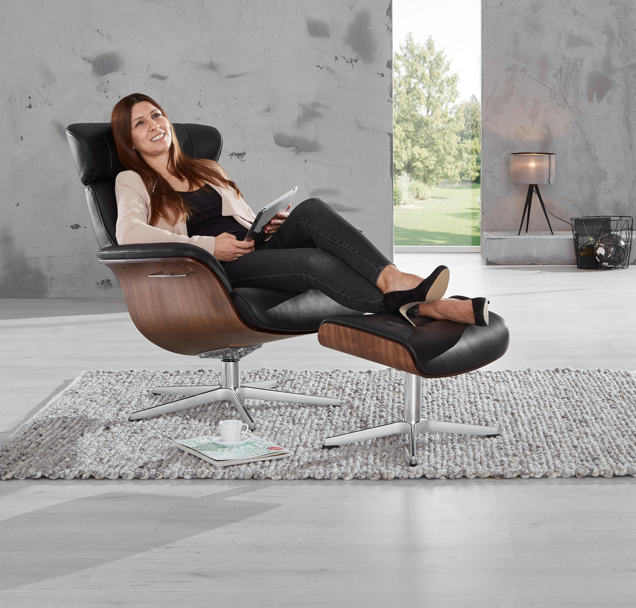 RELAXSESSEL in Holz, Metall, Leder Schwarz, Nussbaumfarben, Alufarben  - Nussbaumfarben/Schwarz, Natur, Leder/Holz (81/101/80cm) - Conform