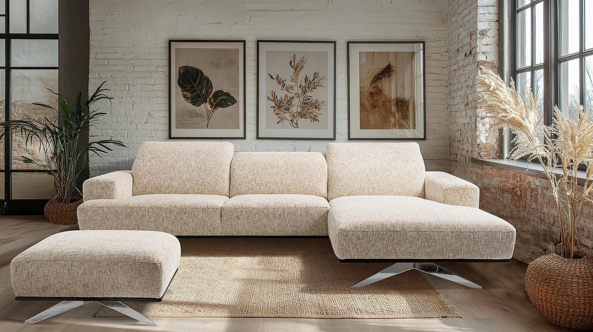 ECKSOFA PORTLAND in Struktur Beige Kopfteilverstellung  295/187 cm  - Chromfarben/Beige, Design, Holz/Textil (295/187cm) - Livetastic