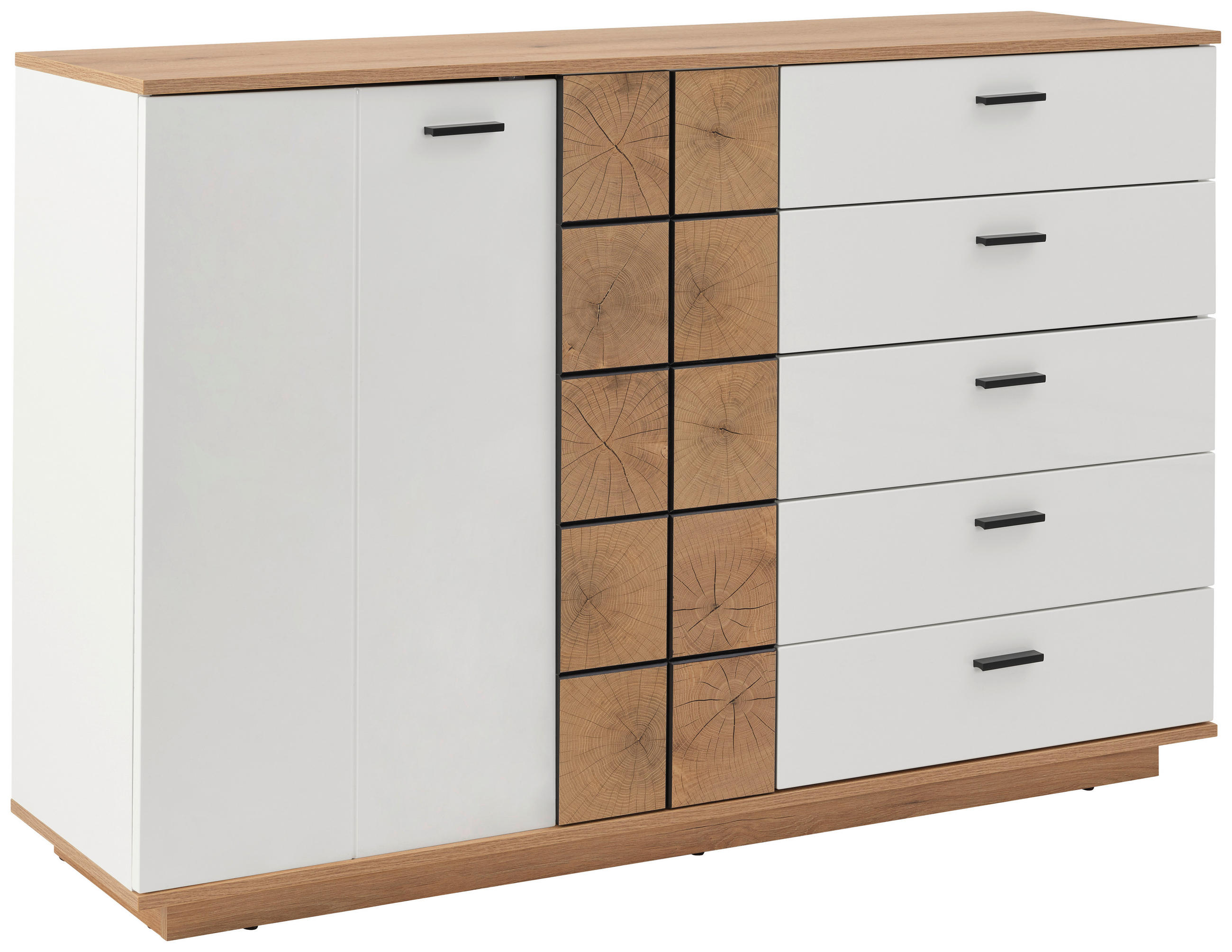 Kommode Oreta B: 136,1 Cm Weiss Hochglanz/eichefarben