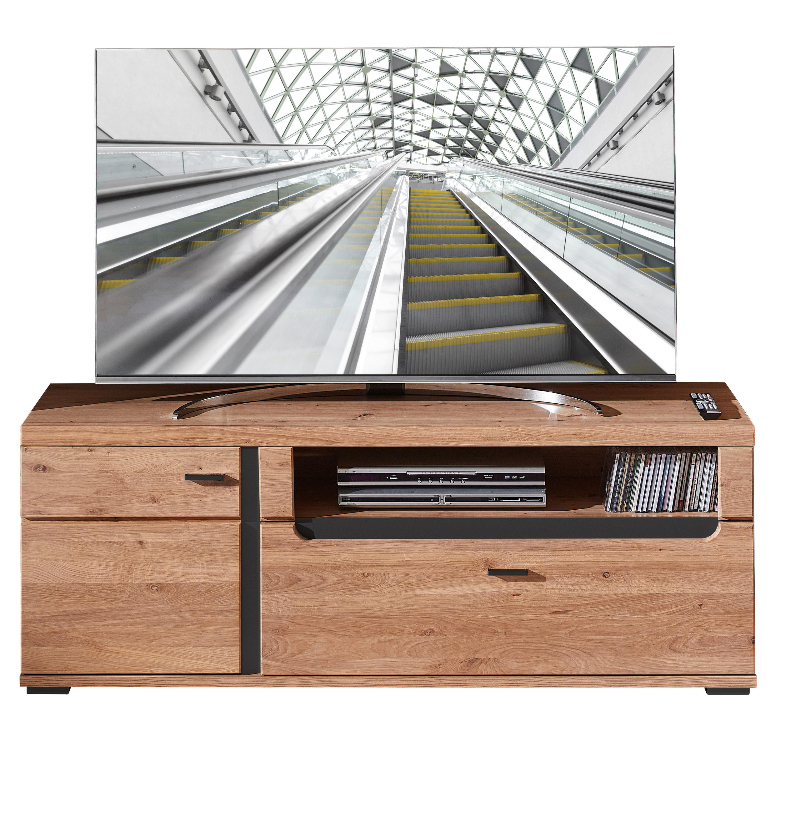 TV DIEL, 150/55/42 cm - farba jaseňa/čierna, Basics, kov/kompozitné drevo (150/55/42cm) - Cantus