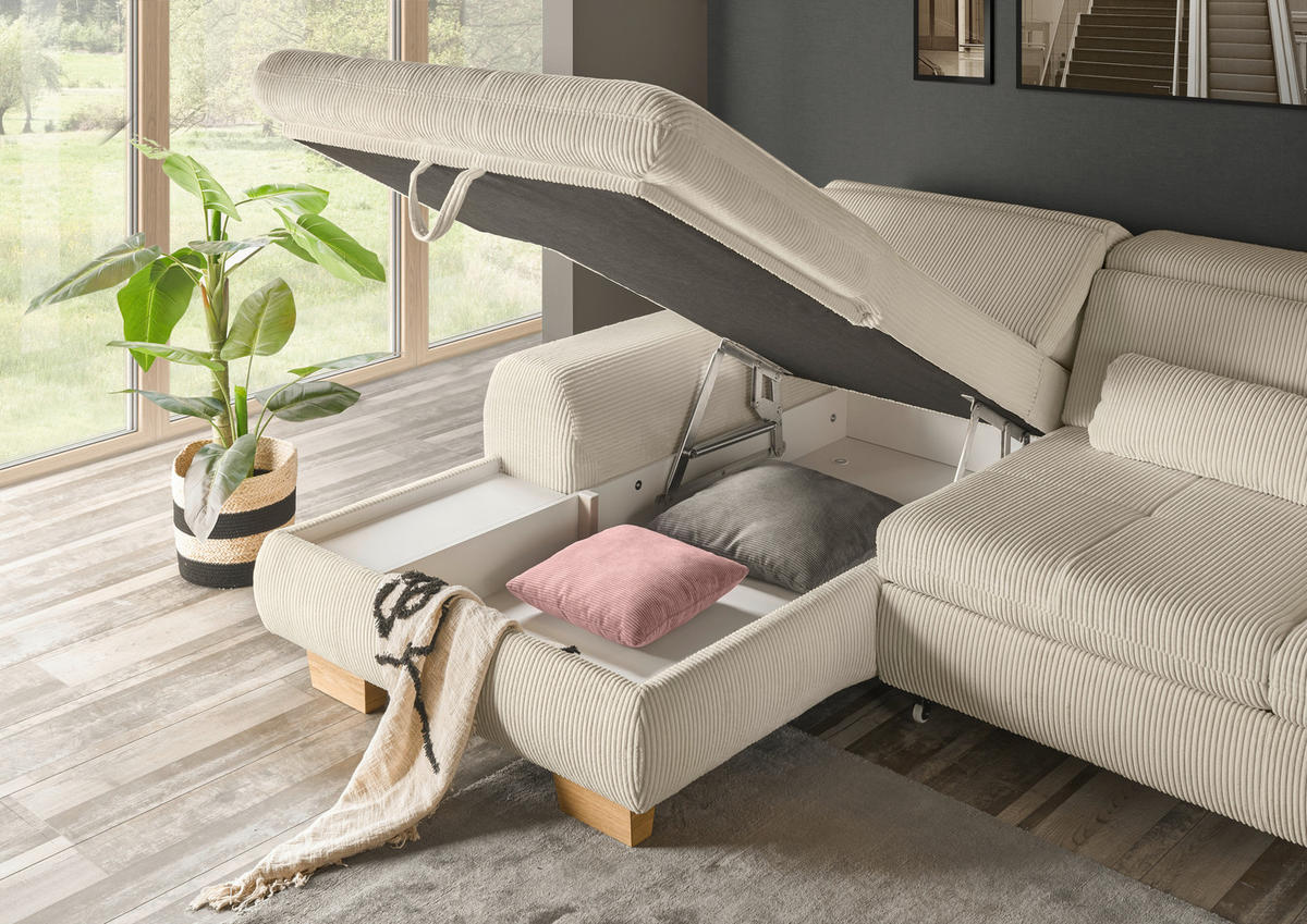 ECKSOFA Creme Cord  - Eiche Bianco/Creme, KONVENTIONELL, Holz/Textil (195/307cm) - SetOne by Musterring