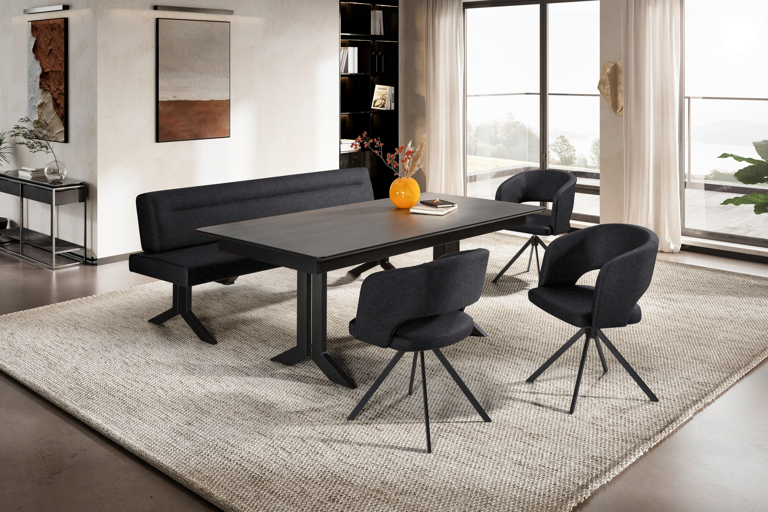 SITZBANK 220/87/70-86 cm Lederlook (vegan) Schwarz  - Schwarz, KONVENTIONELL, Textil/Metall (220/87/70-86cm) - Moderano