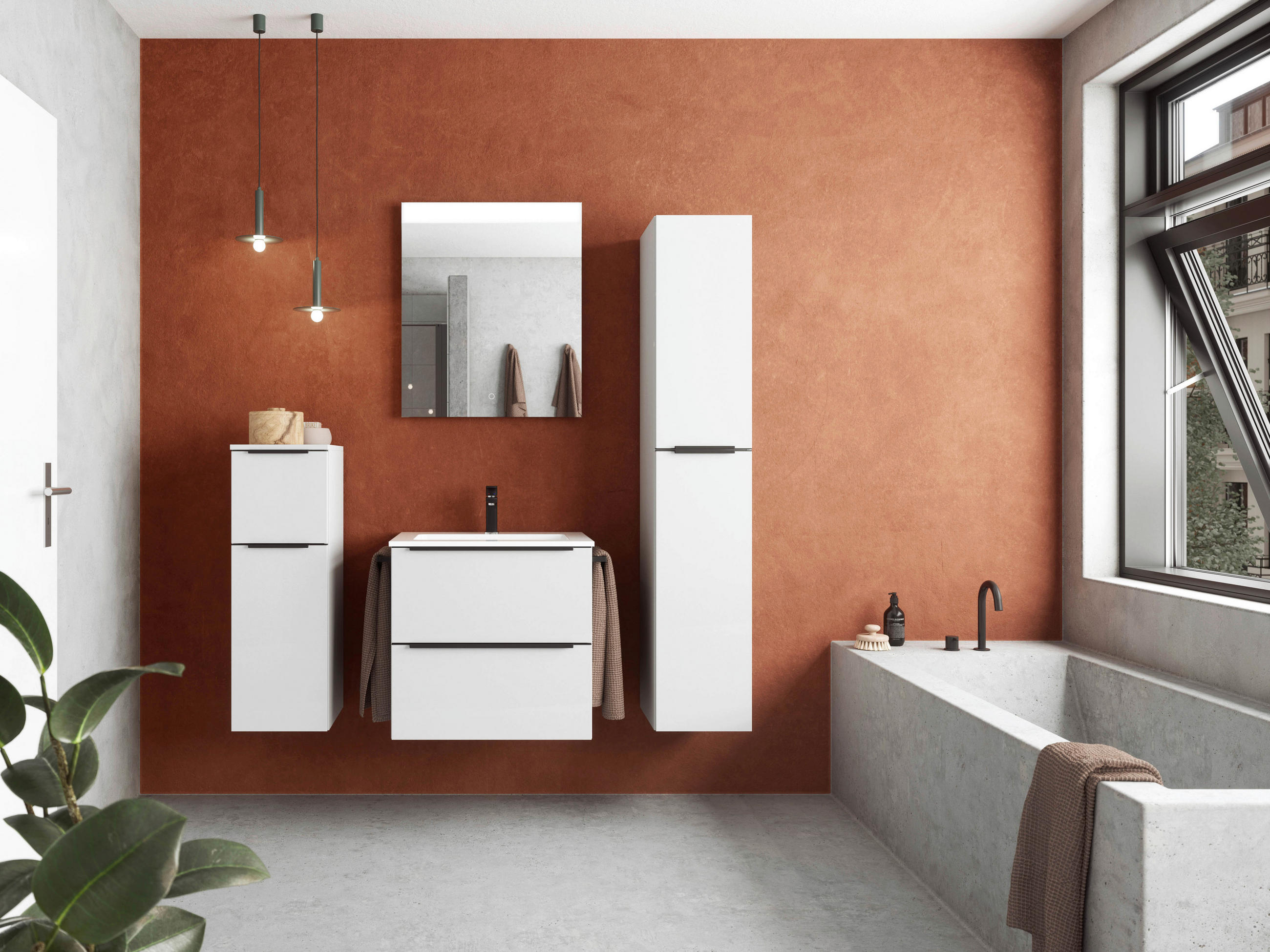 BADEZIMMER 5-teilig  in 121 cm  - Weiß Hochglanz/Schwarz, MODERN, Holzwerkstoff/Stein (121cm) - Nobilia