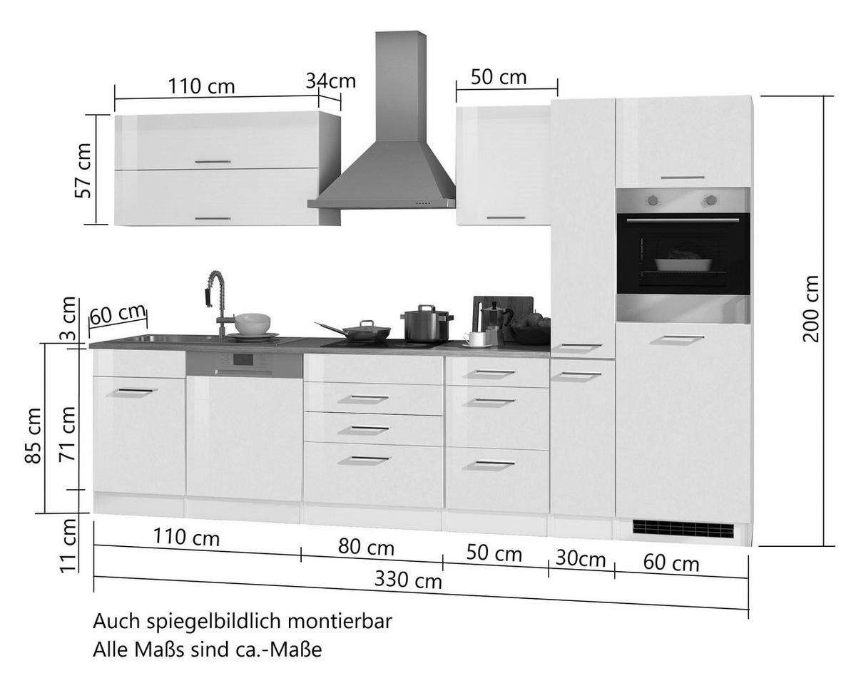 KÜCHENBLOCK 330 cm   in Weiss Hochglanz  - Weiss Hochglanz/Weiss, Modern, Holzwerkstoff/Metall (330cm) - Held