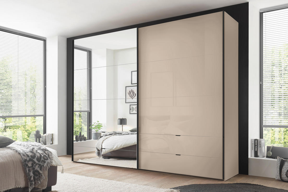 SCHWEBETÜRENSCHRANK 252/222/68 cm 2-türig Elfenbein  - Elfenbein/Schwarz, Design, Glas/Holzwerkstoff (252/222/68cm) - Dieter Knoll