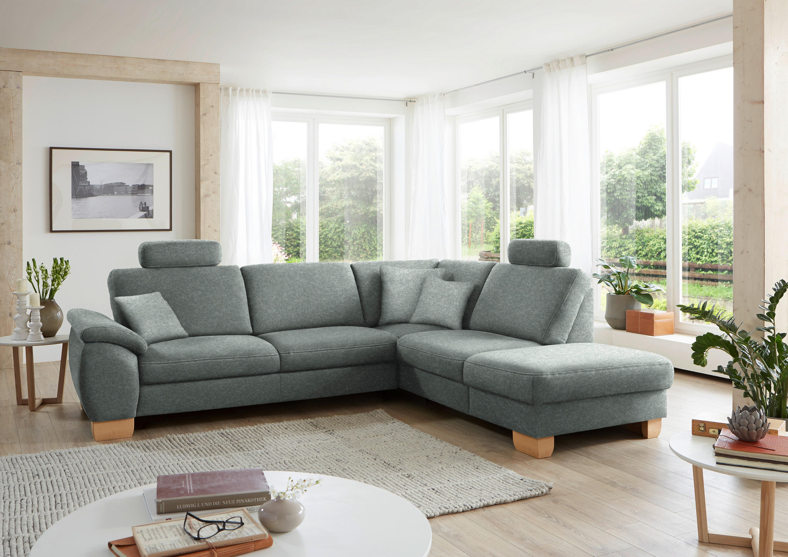 ECKSOFA in Mikrofaser Grau  - Wildeiche/Beige, Natur, Holz/Textil (286/236cm) - Voleo