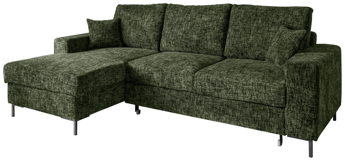 ECKSCHLAFSOFA  mit Rücken echt Struktur Dunkelgrün  - Dunkelgrün/Schwarz, KONVENTIONELL, Textil/Metall (143/237cm) - Livetastic