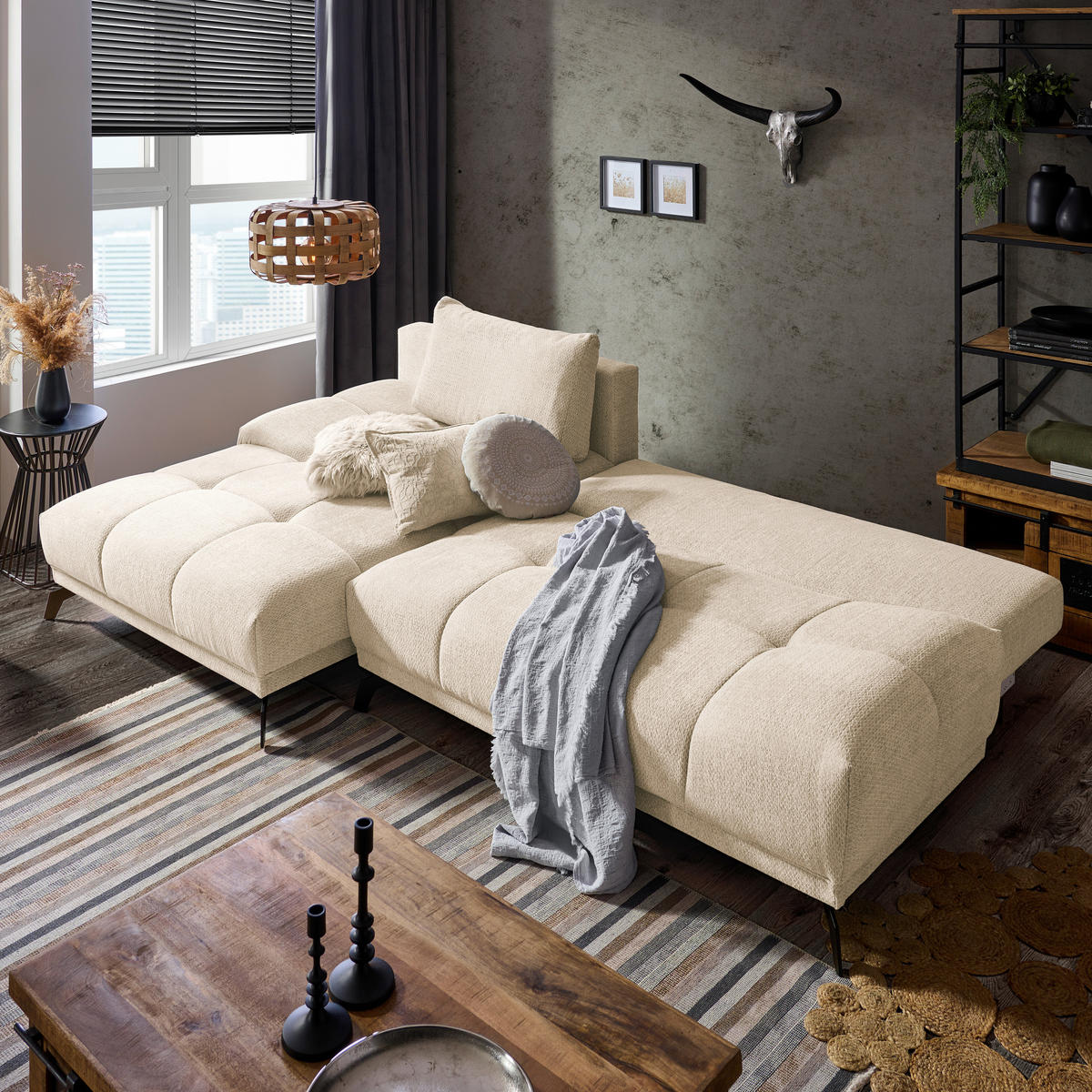 ECKSOFA in Chenille Creme  - Creme/Schwarz, Modern, Textil/Metall (182/290cm) - Hom`in