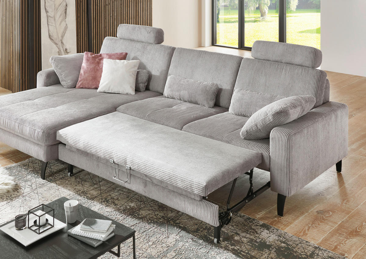 ECKSOFA Hellgrau Cord  - Hellgrau/Schwarz, MODERN, Textil/Metall (177/302cm) - Beldomo Style
