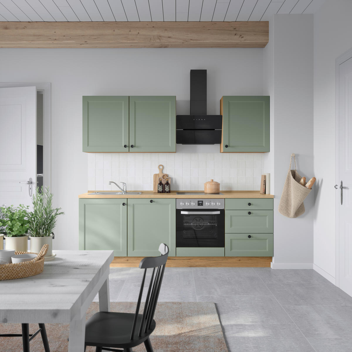 KÜCHENBLOCK 240 cm   in Eichefarben, Schilfgrün  - Schilfgrün/Eichefarben, MODERN, Holzwerkstoff/Metall (240cm) - Nobilia