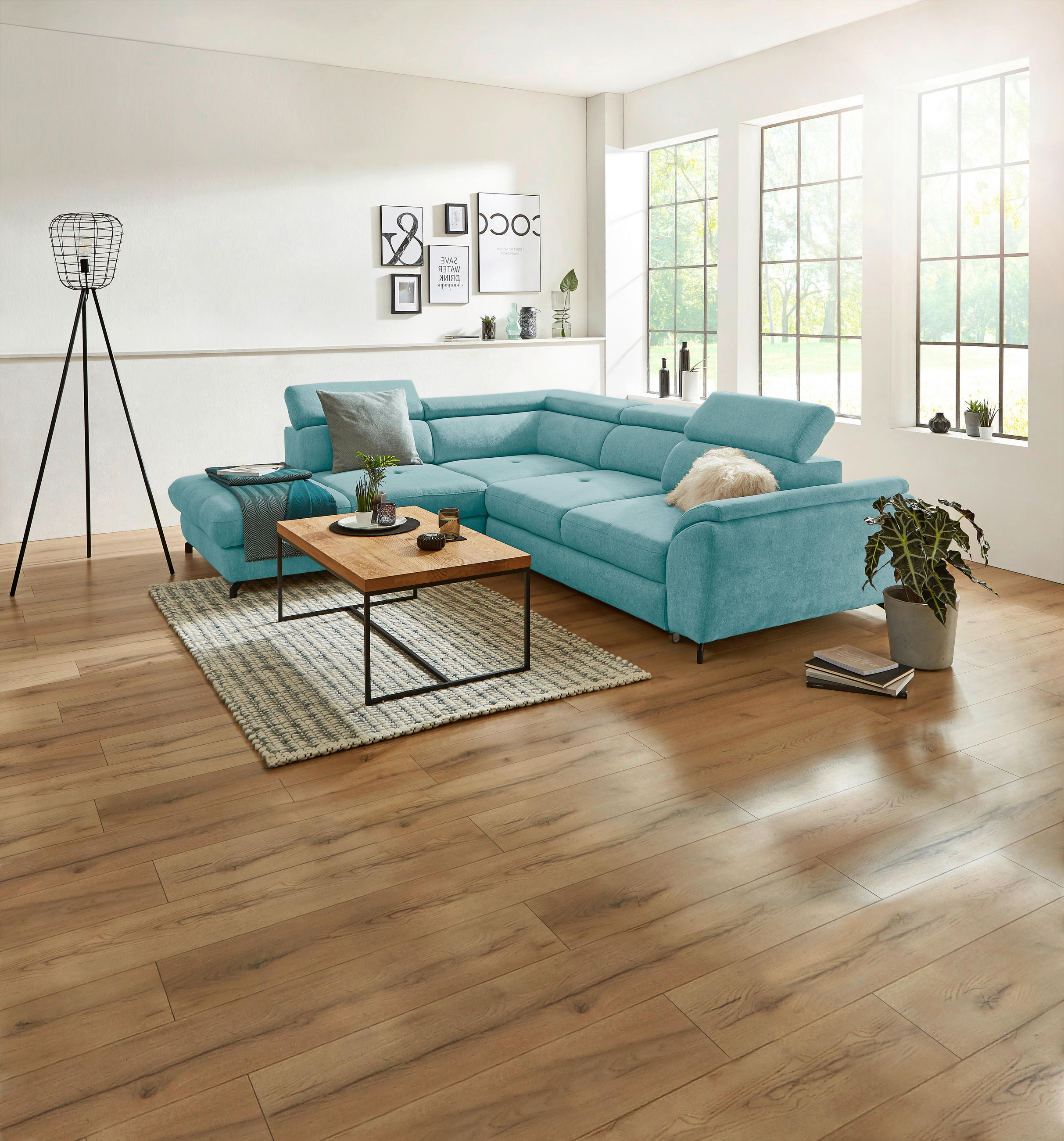 ECKSOFA inkl. Funktion Türkis Webstoff  - Türkis/Schwarz, Design, Textil/Metall (237/277cm) - Stylife