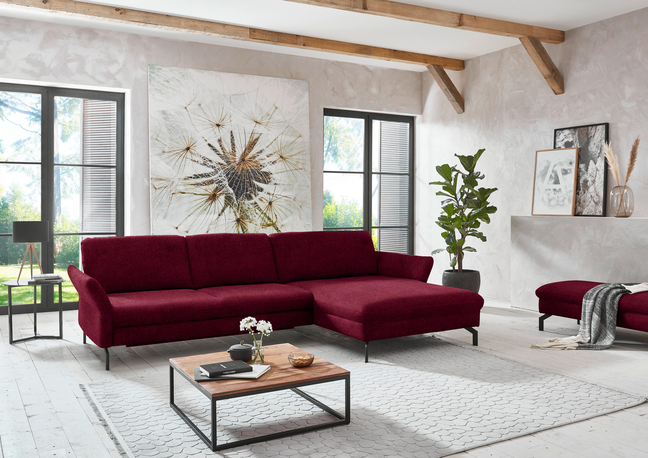 ECKSOFA in Velours Beere  - Beere/Schwarz, Design, Textil/Metall (306/179cm) - Beldomo System