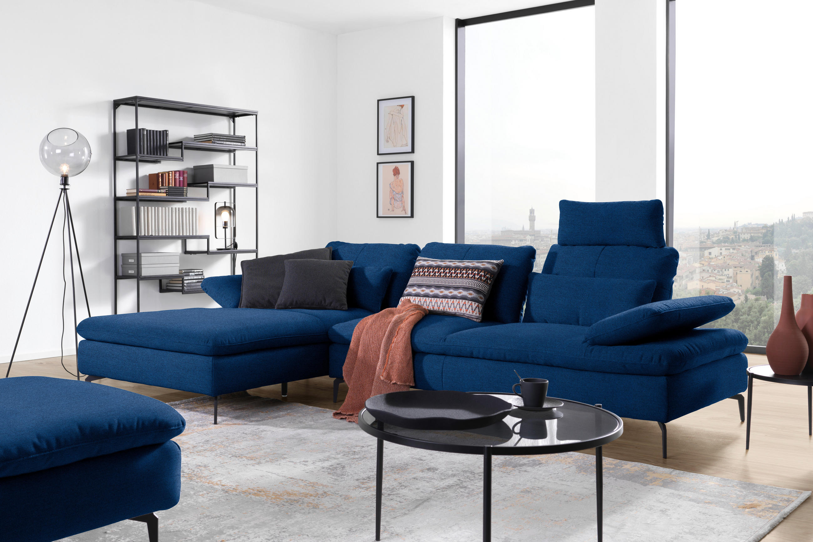 ECKSOFA in Webstoff Blau  179/301 cm  - Blau/Schwarz, Design, Textil/Metall (179/301cm) - Chilliano