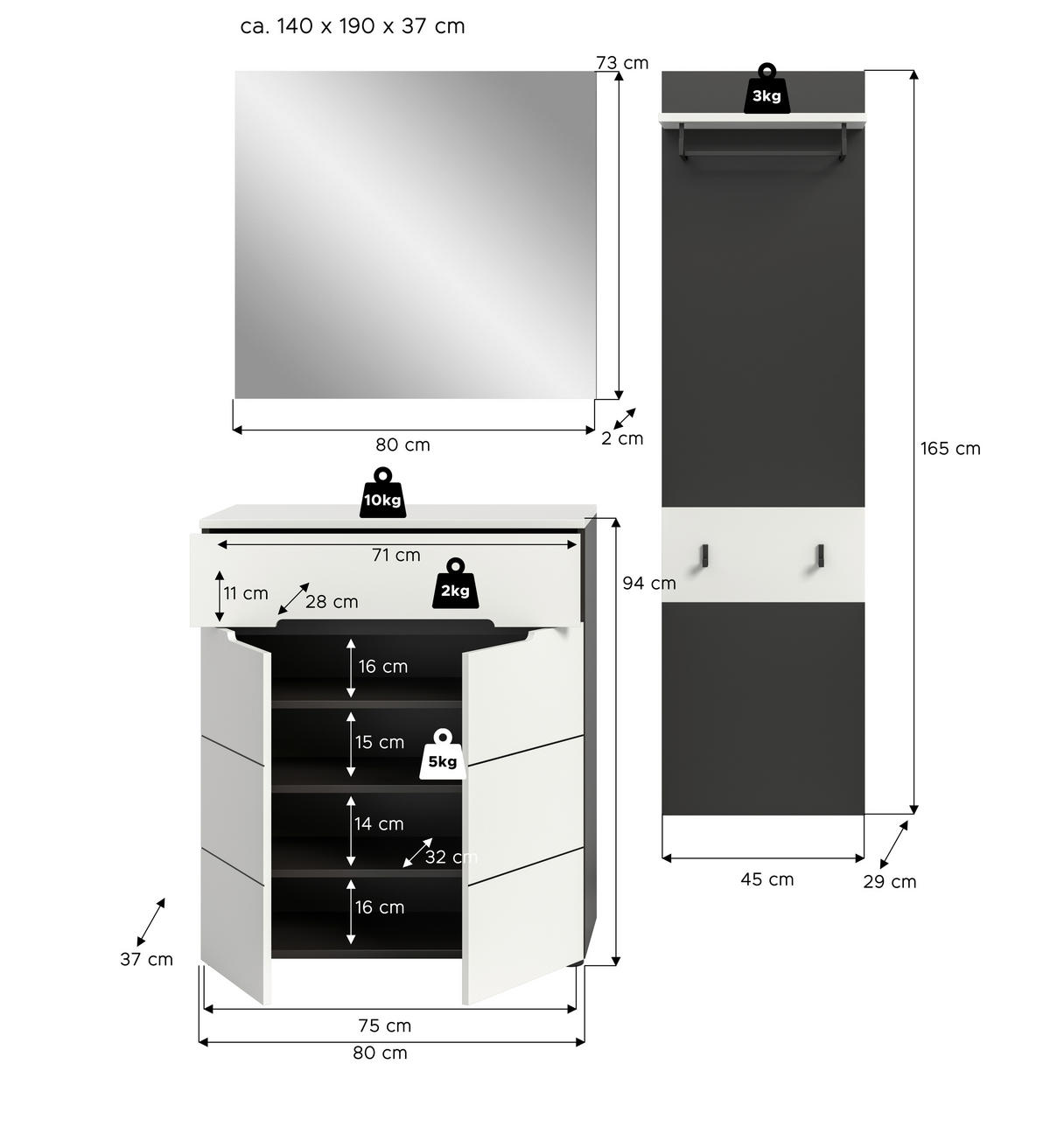 PREDSIEŇOVÝ NÁBYTOK, 140/190/37 cm - biela, Design, kompozitné drevo (140/190/37cm) - Livetastic