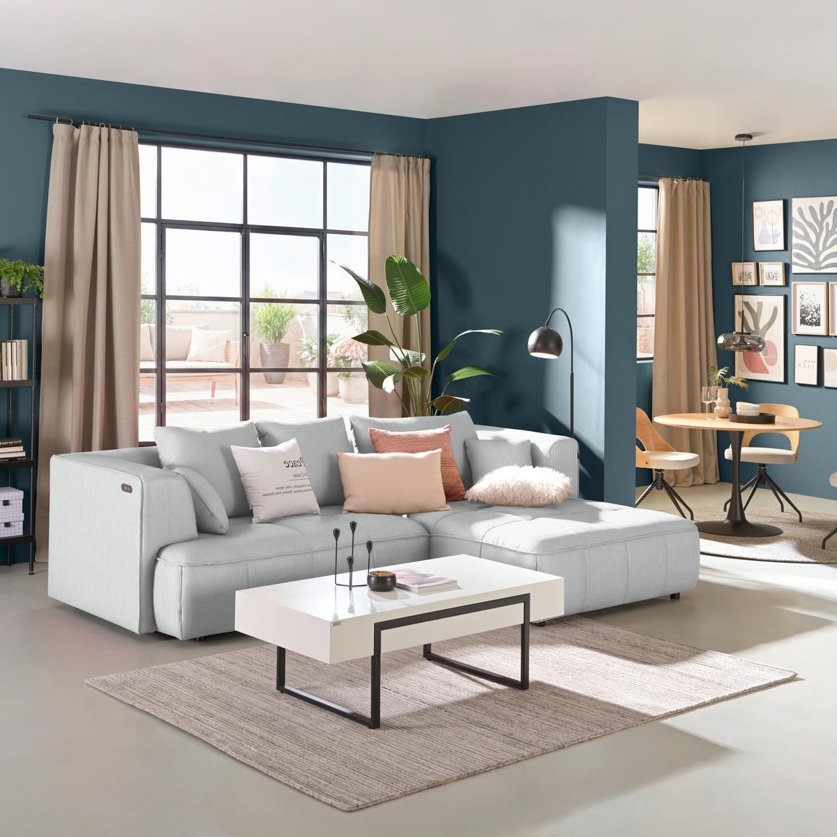 ECKSOFA Feincord Silberfarben  - Silberfarben/Schwarz, Design, Kunststoff/Textil (288/188cm) - Welnova