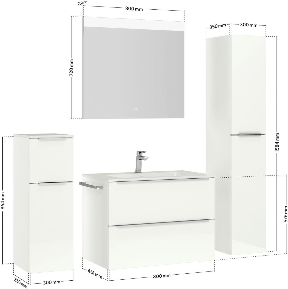 BADEZIMMER 5-teilig  in 141 cm  - Edelstahlfarben/Weiß Hochglanz, MODERN, Holzwerkstoff/Stein (141cm) - Nobilia