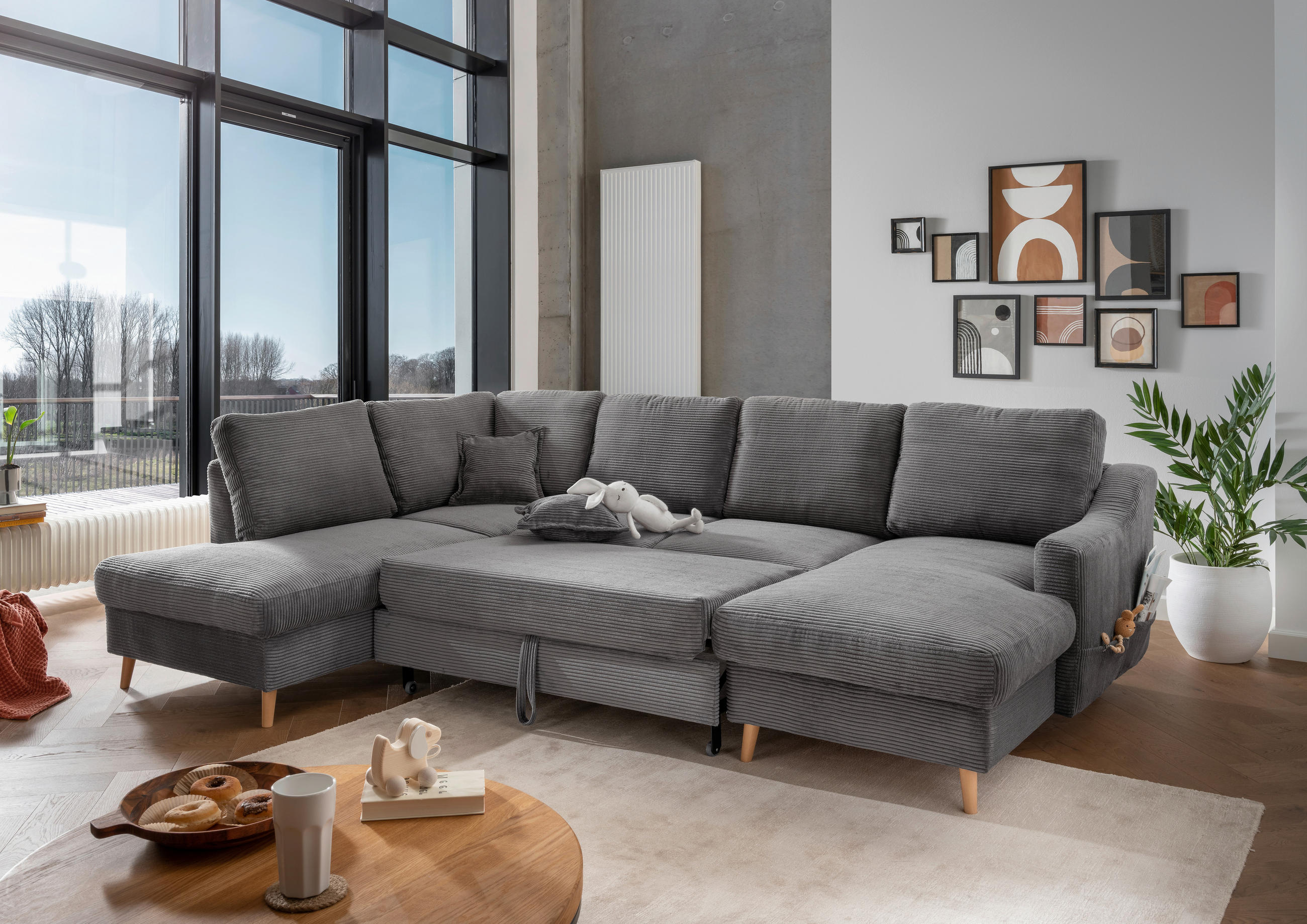 WOHNLANDSCHAFT in Cord Grau  - Naturfarben/Grau, Konventionell, Holz/Textil (200/301/150cm) - P & B