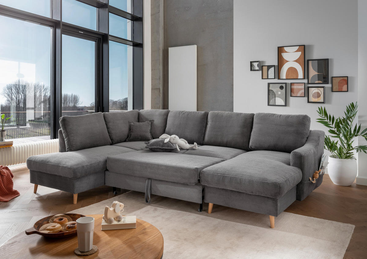 WOHNLANDSCHAFT Cord Grau  - Naturfarben/Grau, Konventionell, Holz/Textil (200/301/150cm) - P & B