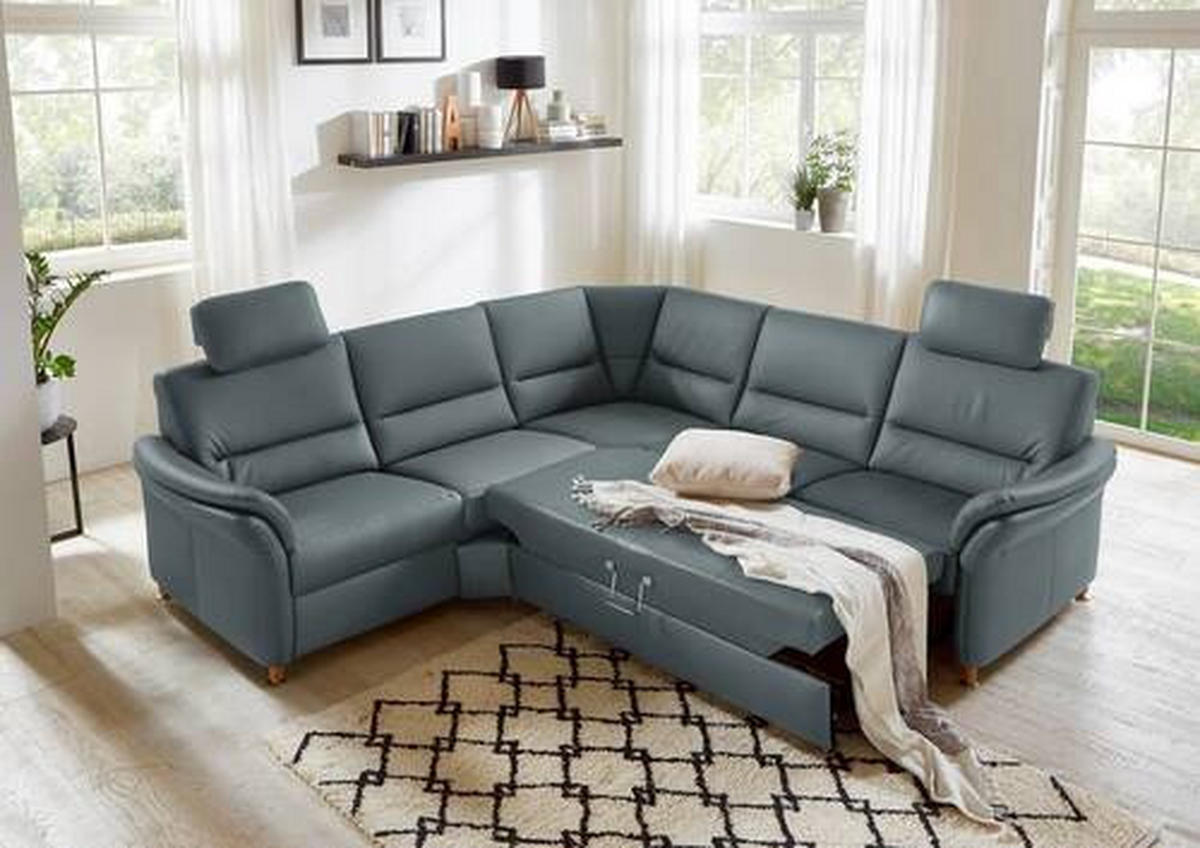 ECKSOFA in Echtleder Blaugrau  - Eichefarben/Beige, Konventionell, Leder/Holz (262/262cm) - Beldomo Premium