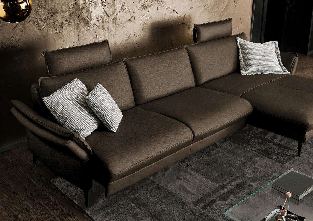 ECKSOFA in Echtleder Dunkelbraun  - Dunkelbraun/Schwarz, Design, Leder/Metall (334/172cm) - Hukla
