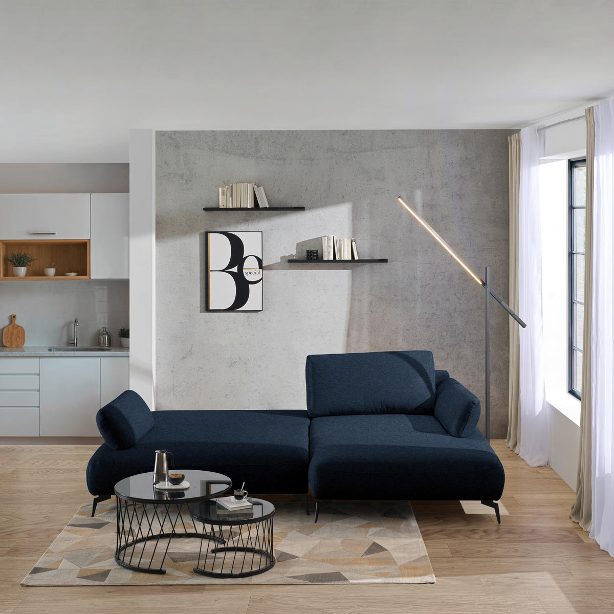ECKSOFA COLORADO in Struktur Dunkelblau  - Schwarz/Dunkelblau, Design, Textil/Metall (284/186cm) - Lomoco