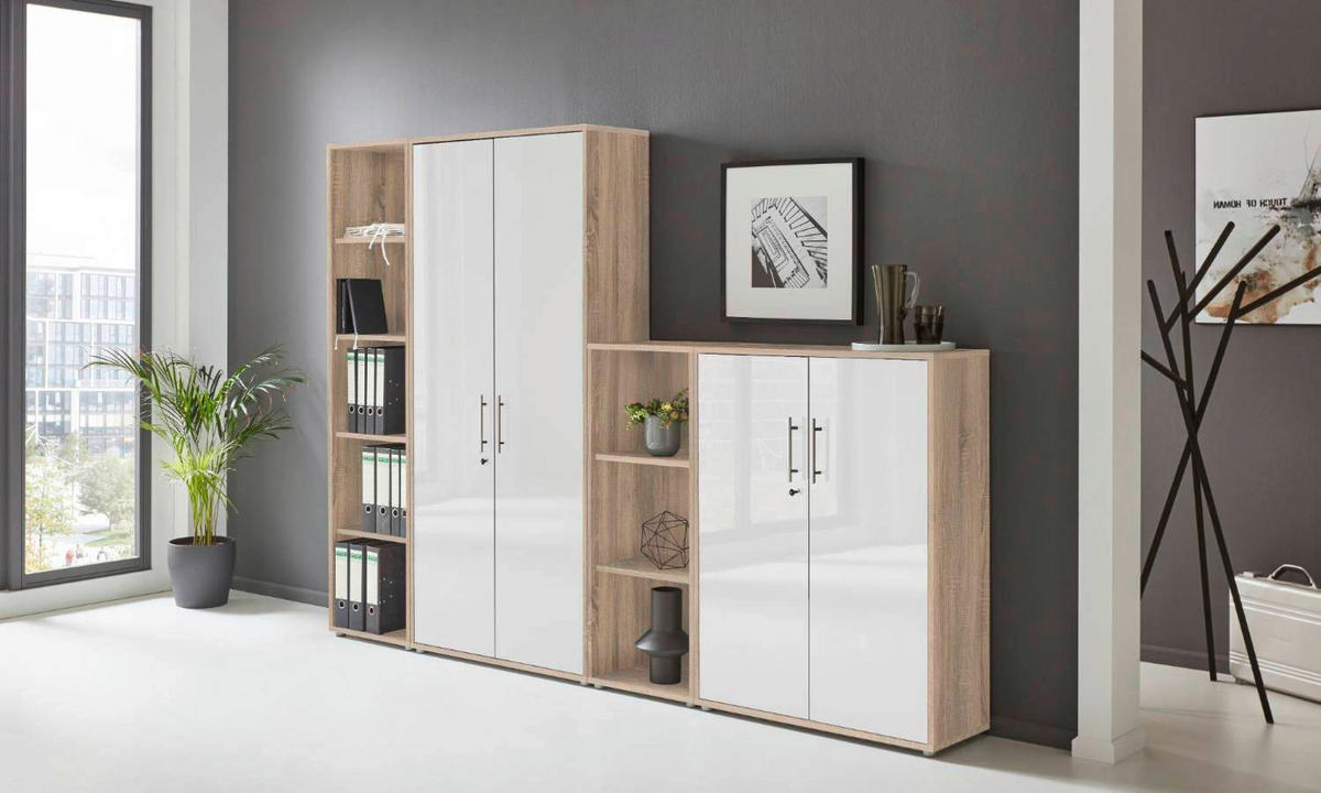 BÜRO erweiterbar, in verschiedenen Holz-Dekoren erhältlich, Schreibtisch seitenverkehrt montierbar, abschließbar Sonoma Eiche, Weiß Hochglanz - Weiß Hochglanz/Sonoma Eiche, MODERN, Holzwerkstoff - MID.YOU