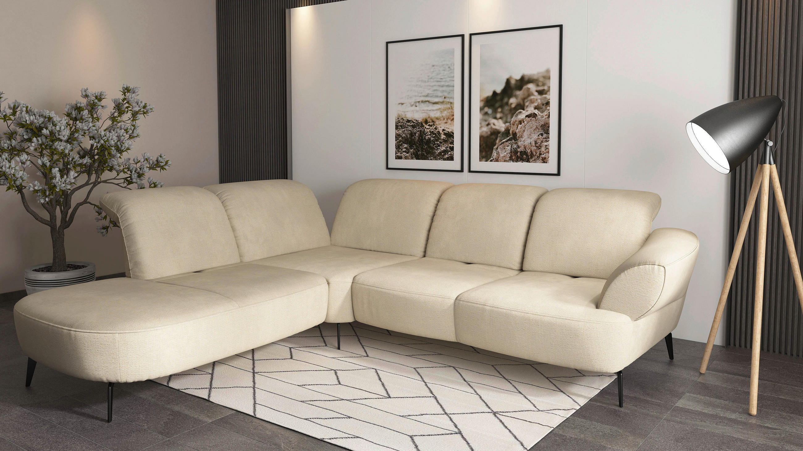 ECKSOFA DANCE E in Chenille Sandfarben  270/302 cm  - Sandfarben/Schwarz, MODERN, Textil/Metall (270/302cm) - Sit & More