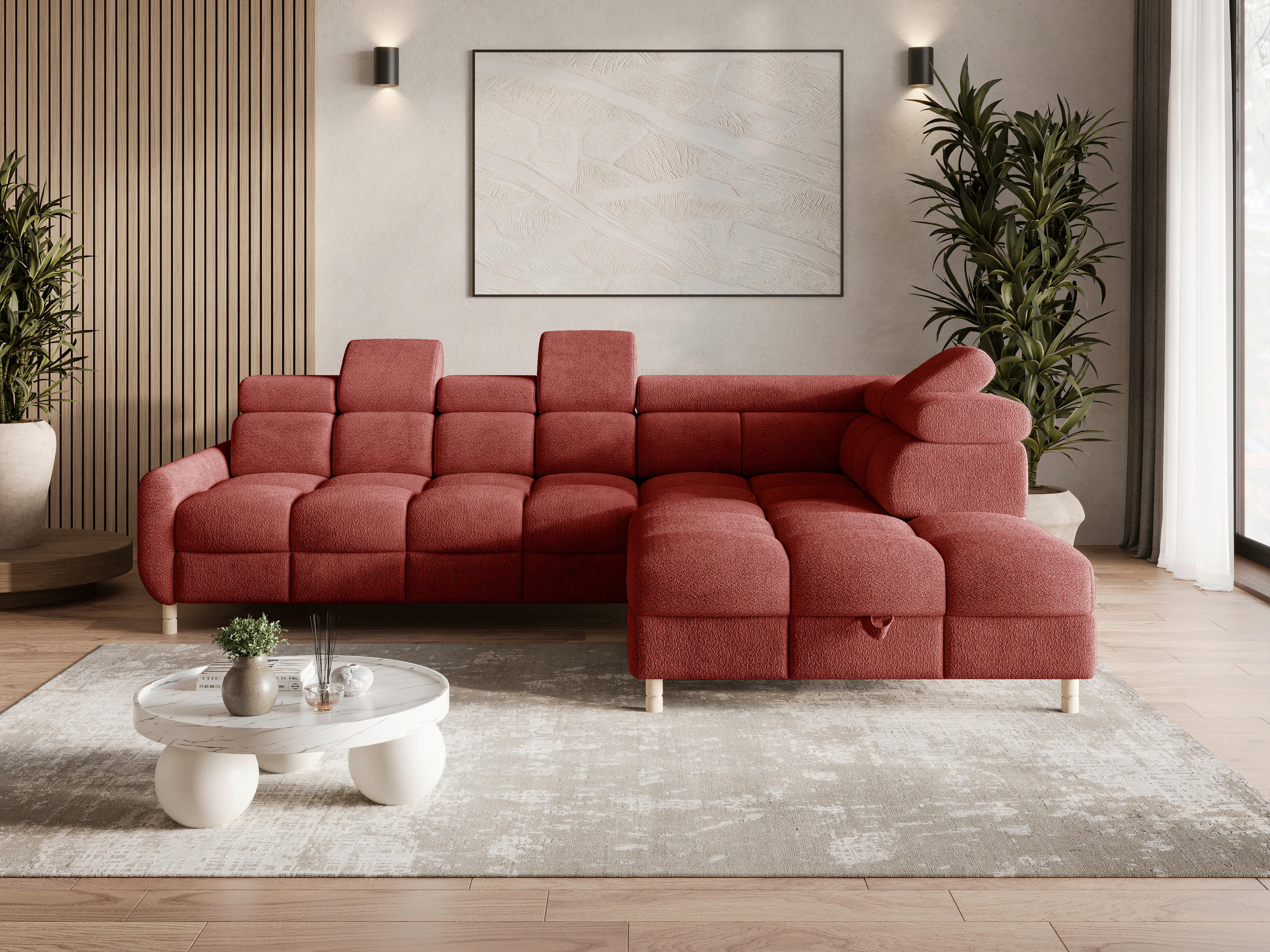 ECKSOFA BUN Rot Bouclé Schlaffunktion, Rücken echt, Kopfteilverstellung, Stauraum, Kopfstütze  - Elfenbein/Rot, Design, Holz/Textil (276/209cm) - MID.YOU