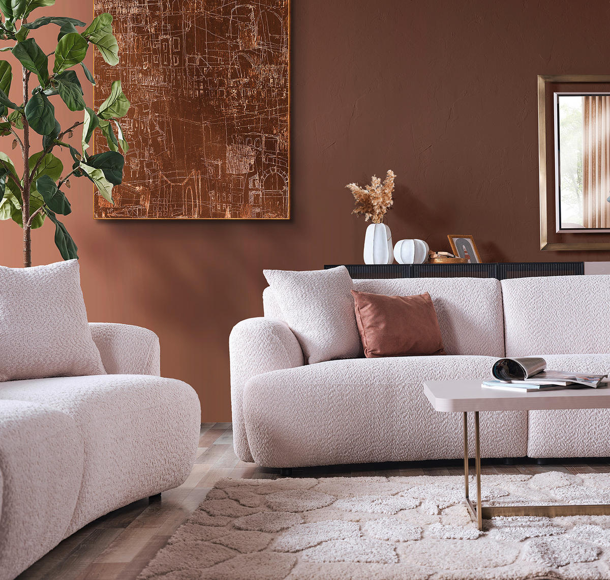 VIERSITZER-SOFA Bouclé Creme  - Creme/Schwarz, Design, Kunststoff/Textil (300/77/108cm) - Livetastic
