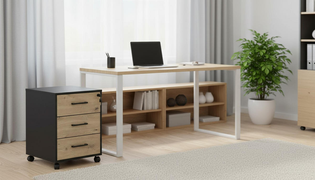 ROLLCONTAINER Schwarz, Eiche Artisan  - Schwarz/Eiche Artisan, MODERN, Holzwerkstoff/Kunststoff (43/56/42cm) - Livetastic